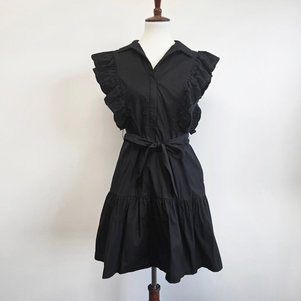 A Loves A Black Ruffled Mini Dress Sleeveless Embroidered V-Neck Size Medium